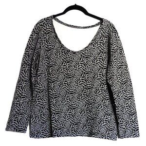 LOFT Outlet Dressy Top Black & Silver Shimmer Rose Stretch Scoop Neck EUC Sz  L